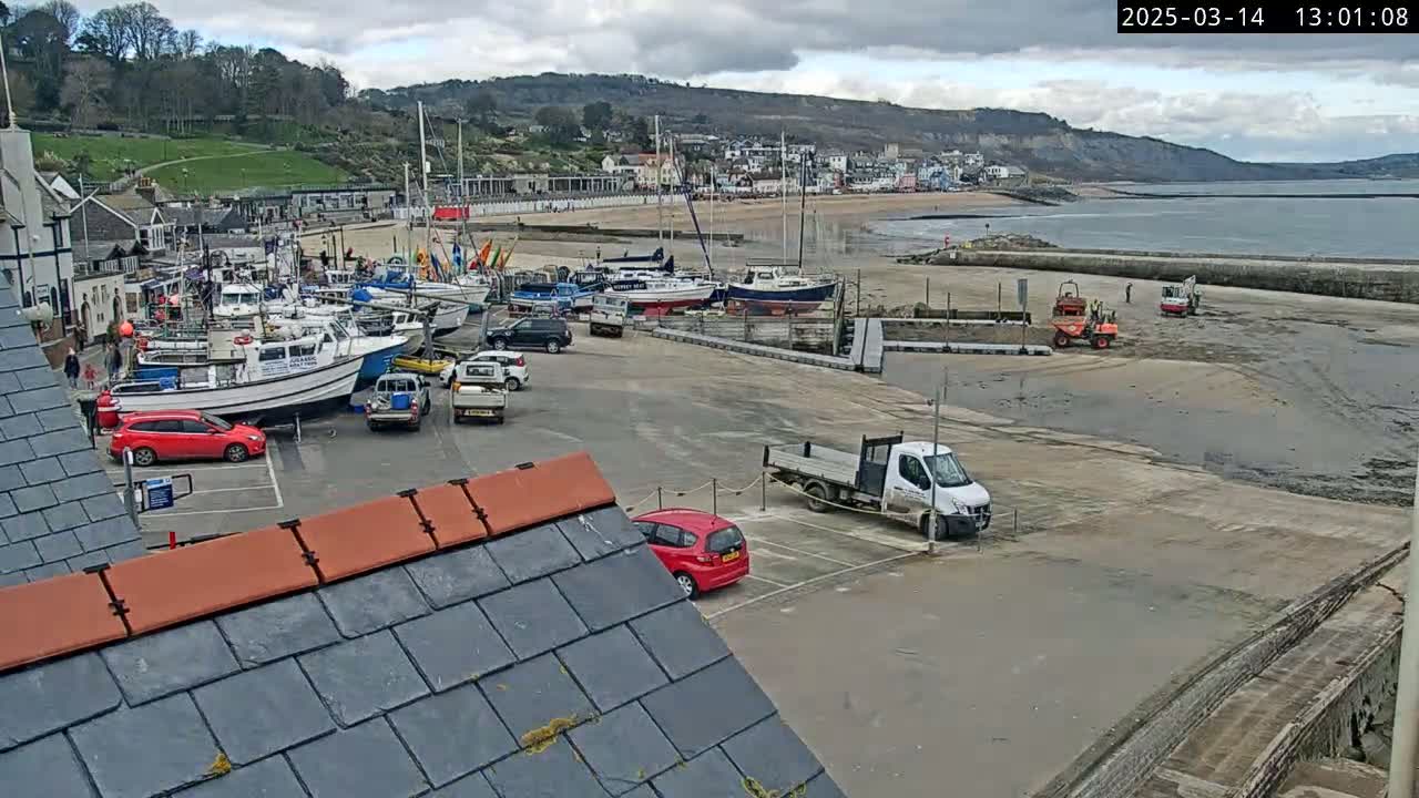 A harbor filled with numerous boats and cars under an overcast sky, with construction equipment visible on a nearby muddy area.
