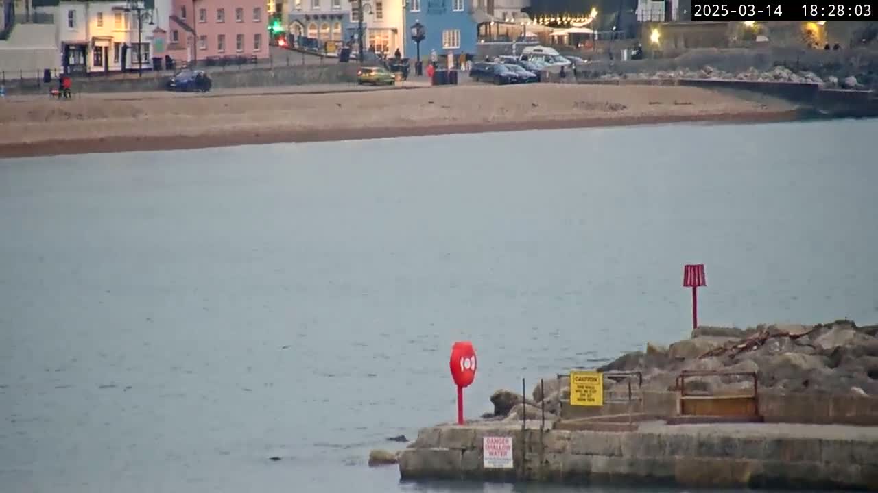A calm body of water near a beach with buildings and cars in the background.
