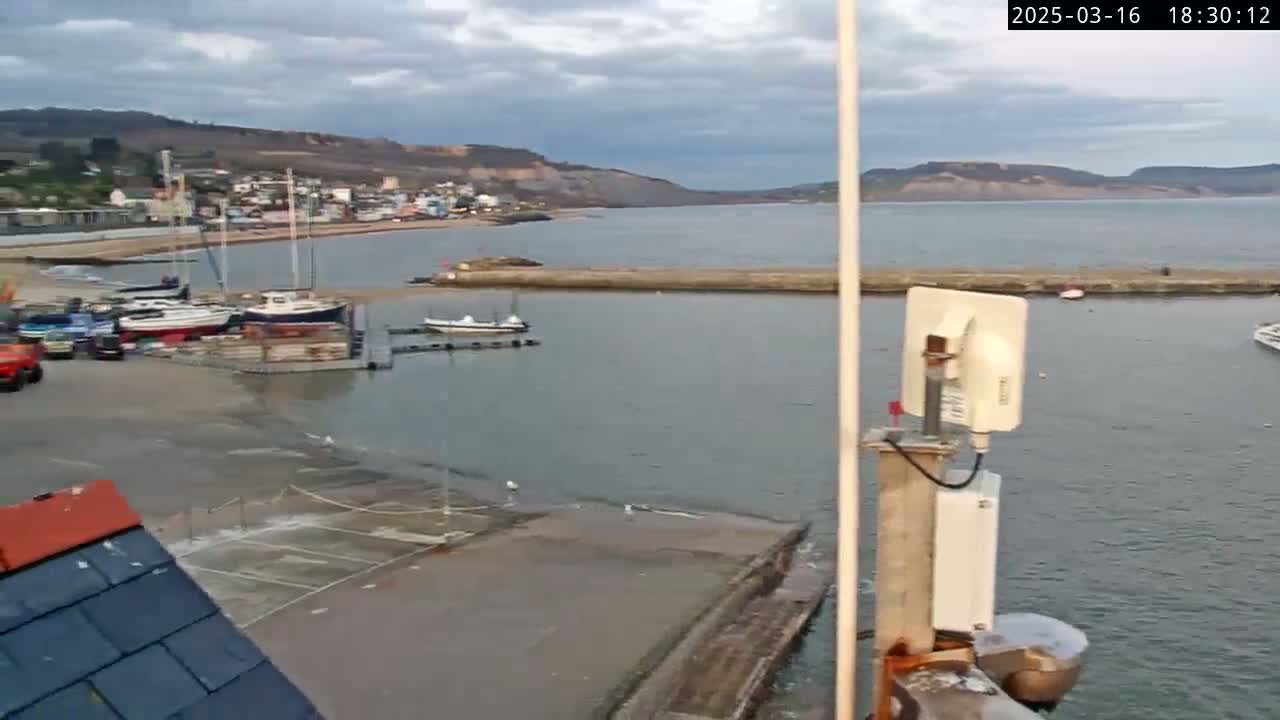 A harbor filled with boats sits below a coastal town nestled against hills, under a partly cloudy sky.