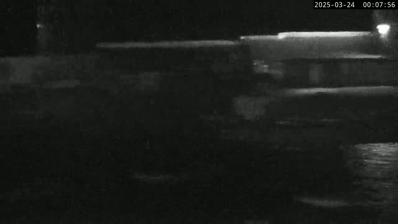 A low-light, nighttime image shows a blurry view of buildings and possibly vehicles near a body of water.
