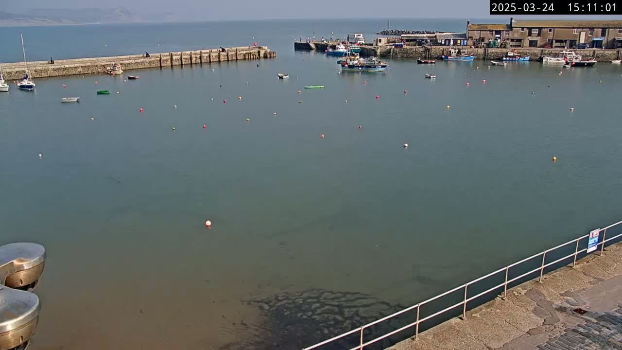 A calm harbor with several small boats, a stone pier, and buildings in the background on a sunny day.
