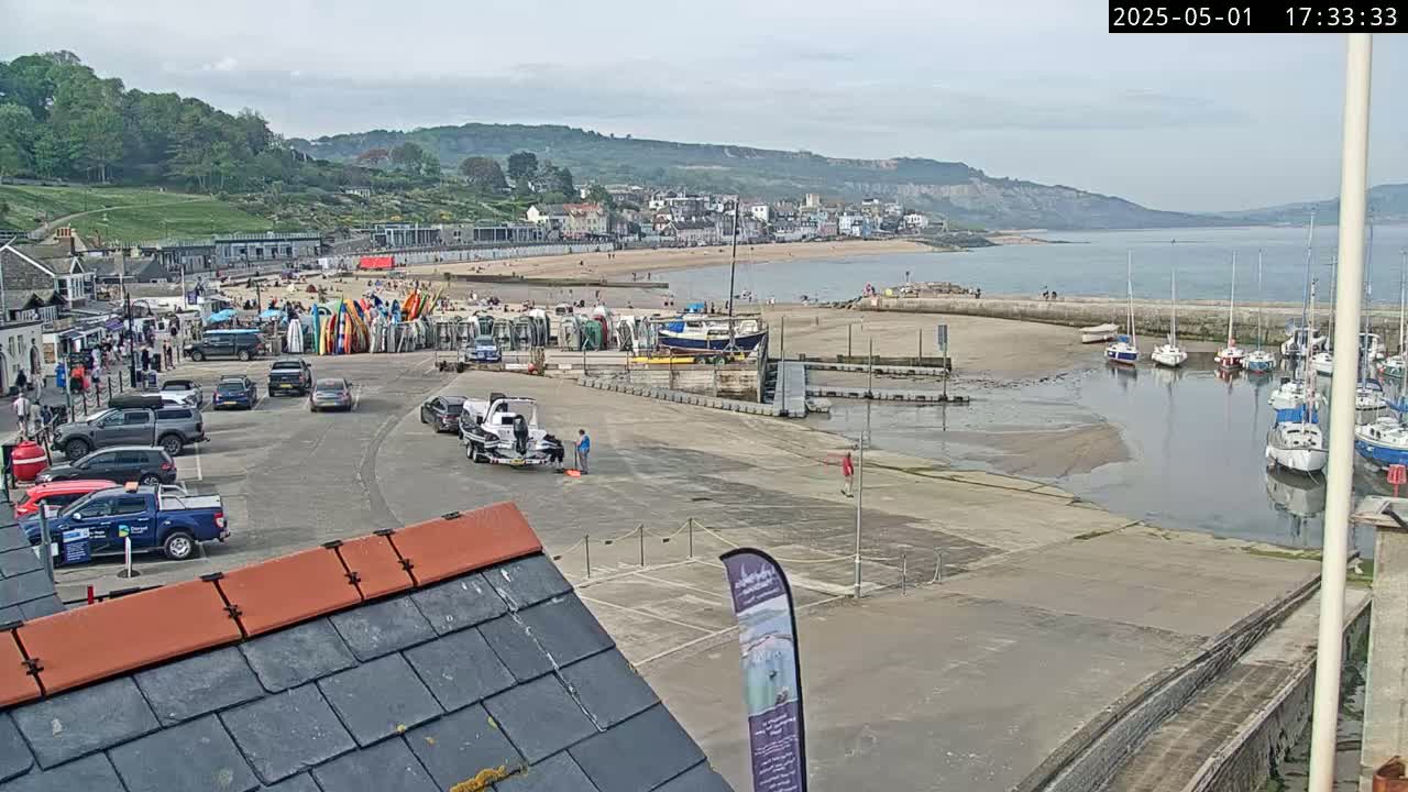 A seaside town with a sandy beach, a parking lot full of cars, and a small harbor filled with sailboats under a partly cloudy sky.