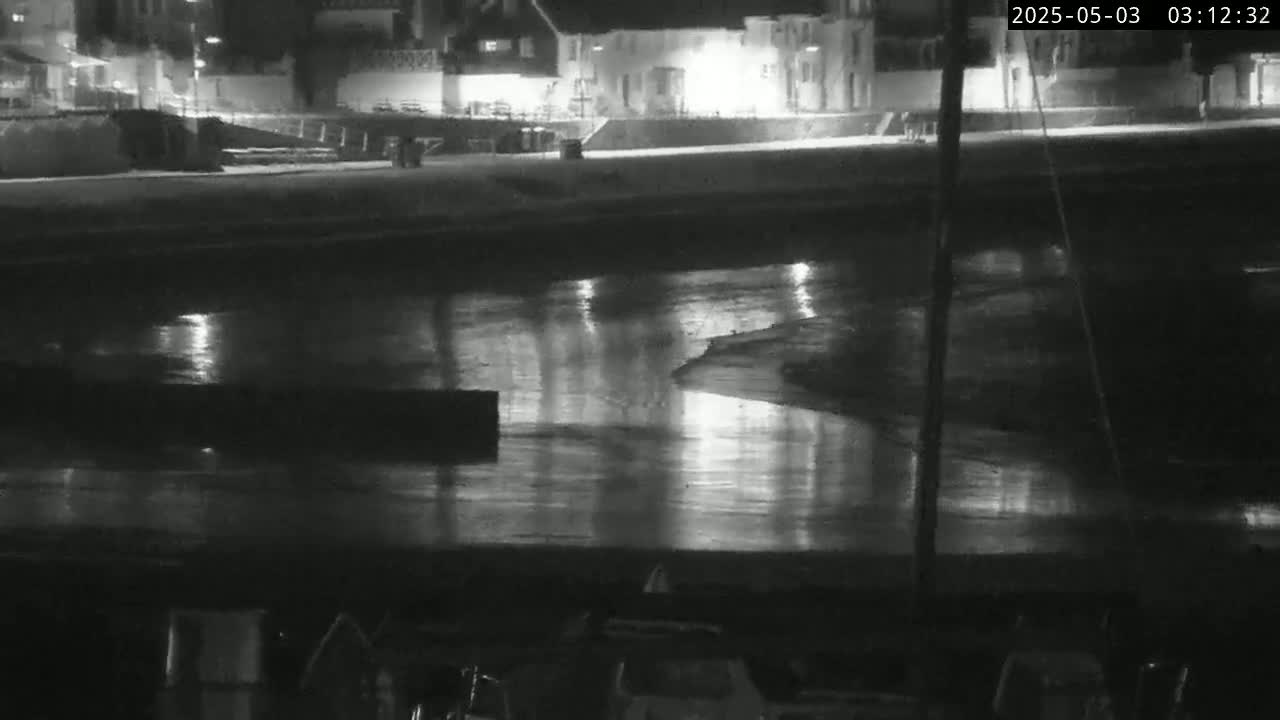 A nighttime, wet, reflective harbor scene shows a body of water reflecting lights from buildings on the shore.