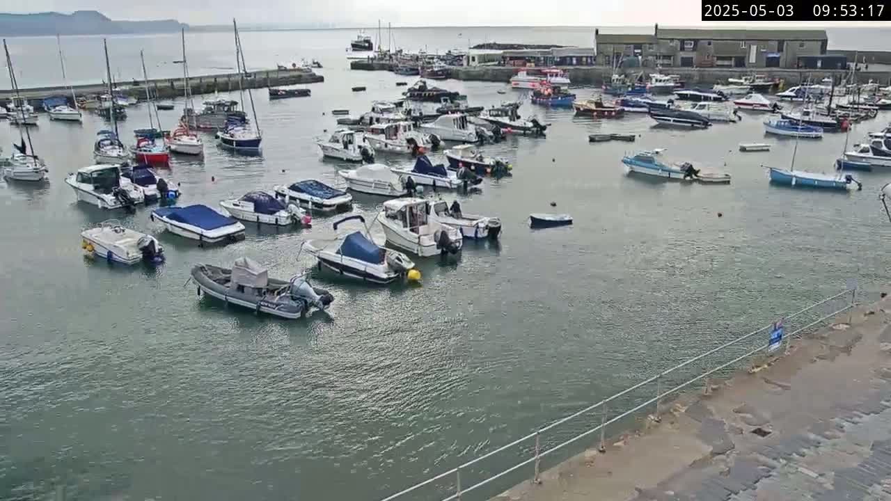 Many boats are moored in a harbor on an overcast day.