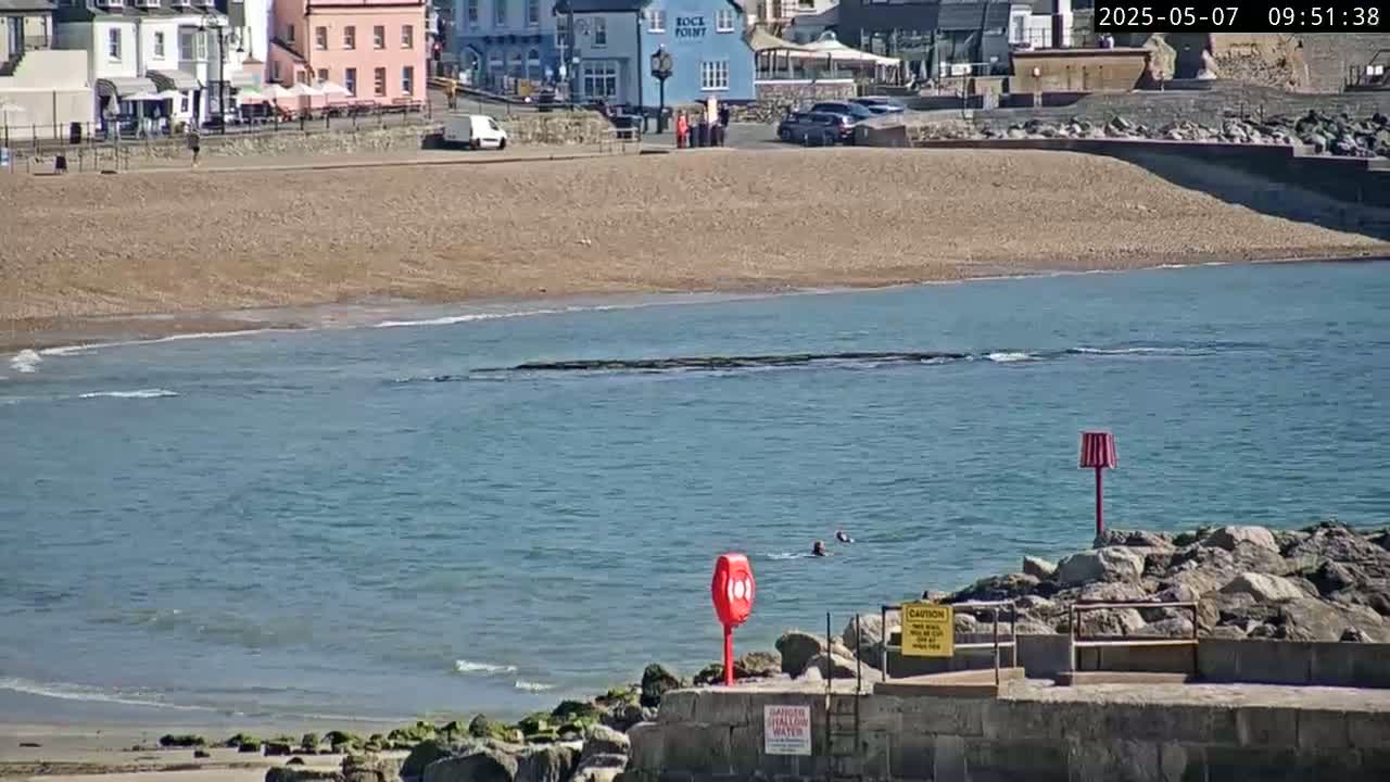 A calm, sunny day shows a beach with a few people near the water, a rocky shoreline, and buildings in the background.
