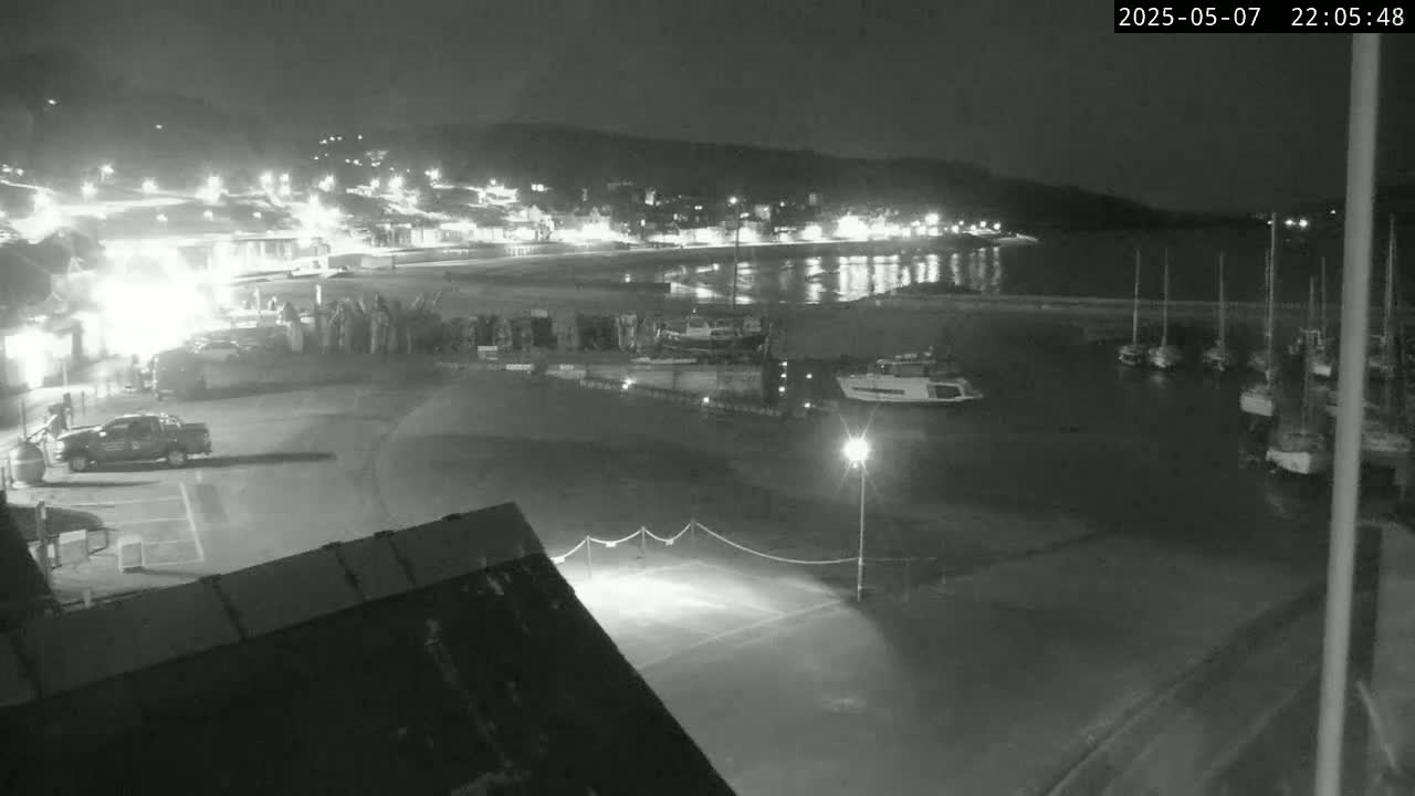 A nighttime, high-angle view of a harbor with boats, a town in the background, and several vehicles parked in a lot.