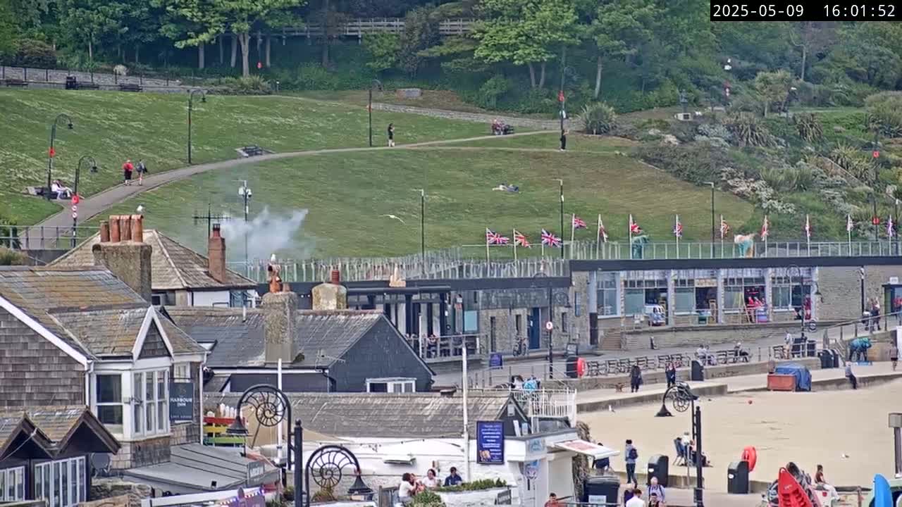 A seaside town on a sunny day, with people strolling on a grassy hill overlooking a beach and buildings, with some smoke rising from a chimney.