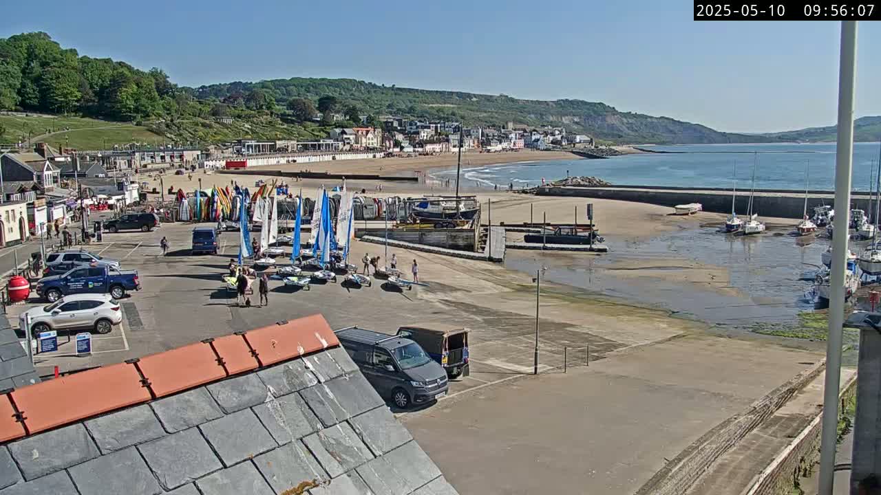 A sunny seaside town with a sandy beach, harbor filled with sailboats, and a parking lot with several cars and sailboats on land.