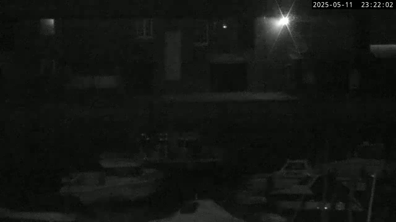 A nighttime, low-light image shows a dark building and indistinct objects in the foreground, possibly vehicles, under a clear sky.