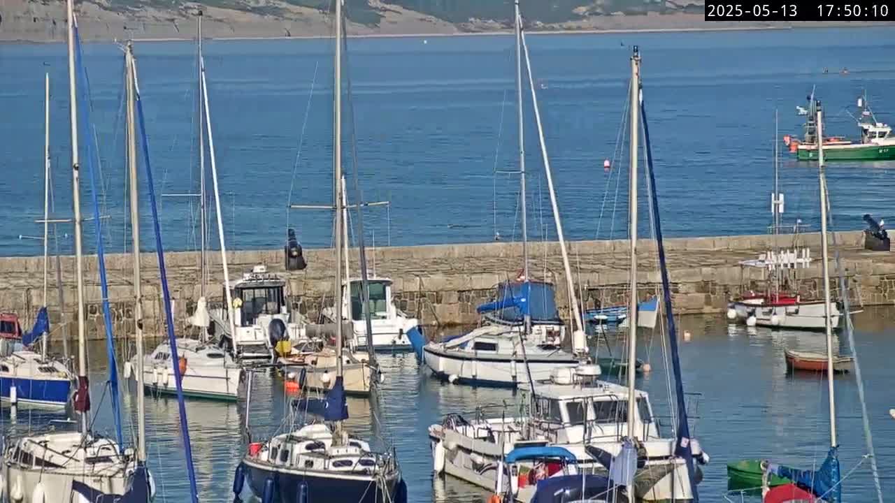 Many sailboats and motorboats are moored in a harbor on a sunny day, with calm blue water and a stone wall separating the harbor from the open sea.