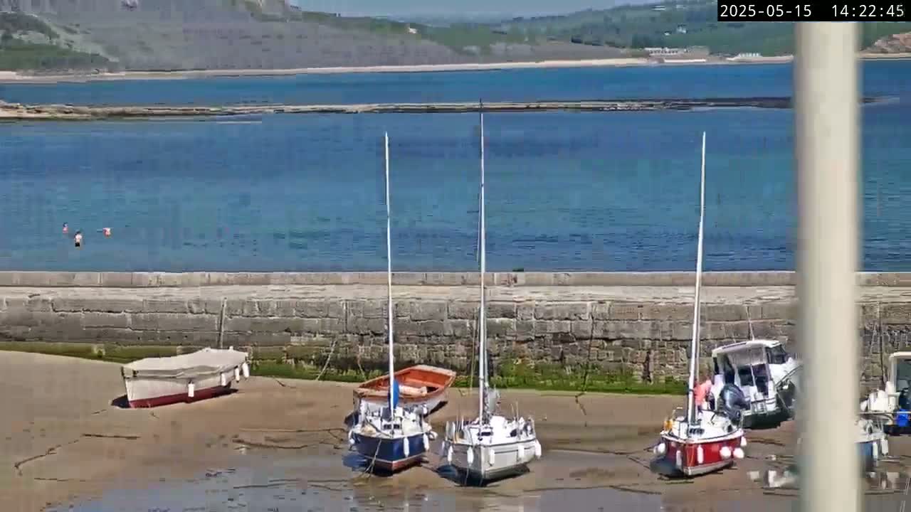 Several sailboats and motorboats are docked at a low-tide harbor next to a stone wall, under a sunny sky.