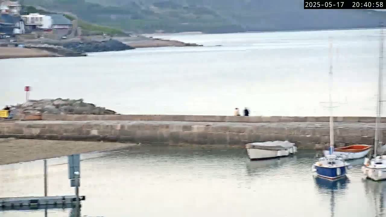 Two people walk along a stone wall overlooking a calm harbor with several small boats moored, under an overcast sky.