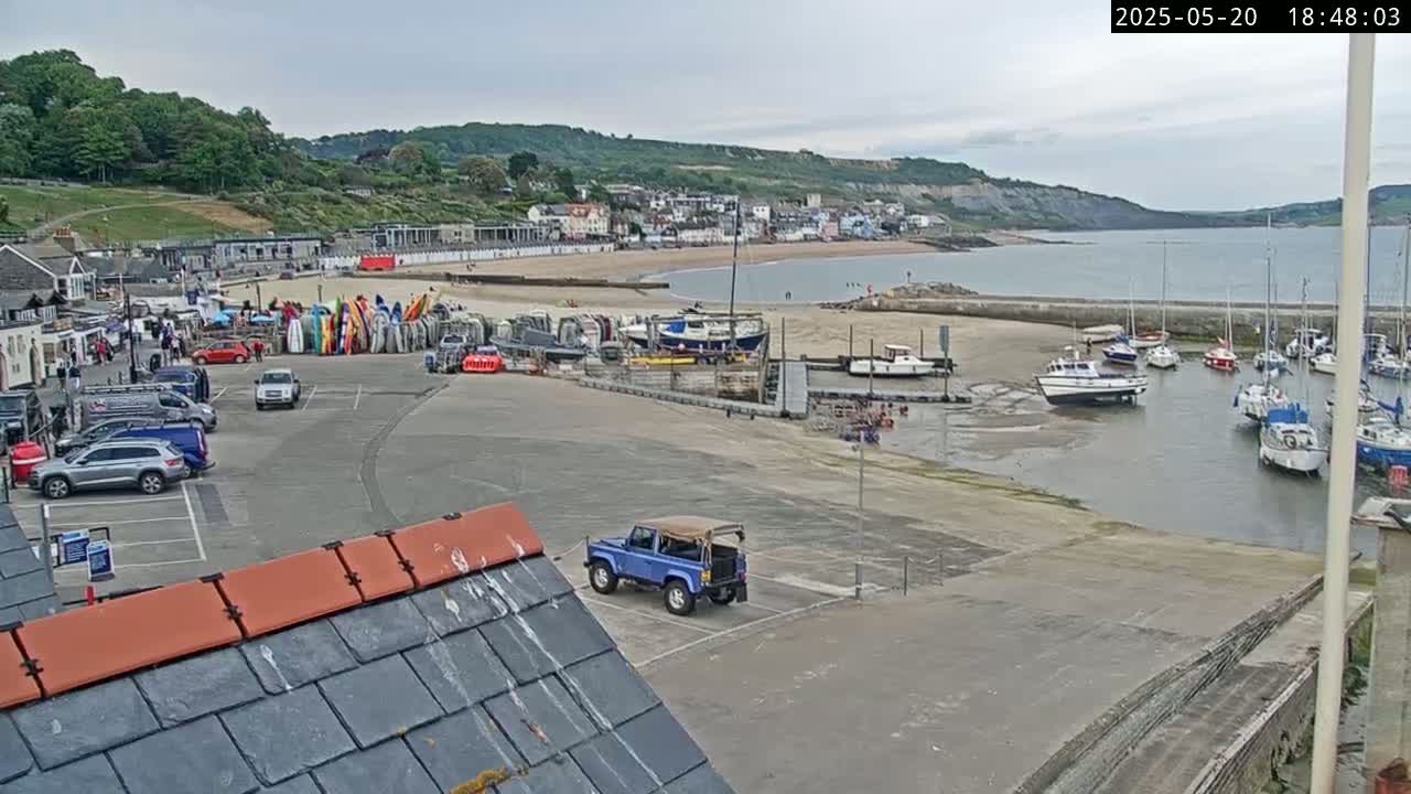 A coastal town is visible under an overcast sky, with a harbor filled with boats and a sandy beach in front of buildings on a hillside.
