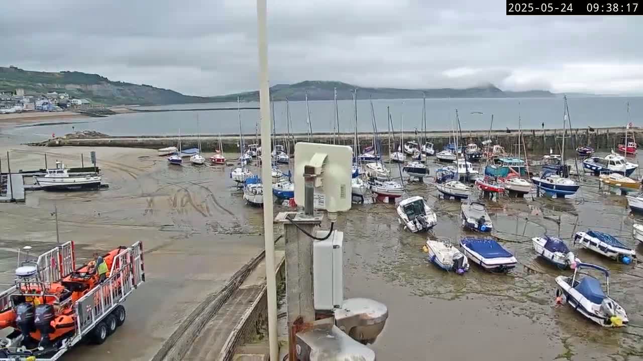 Many sailboats and motorboats are grounded in a harbor at low tide under an overcast sky.
