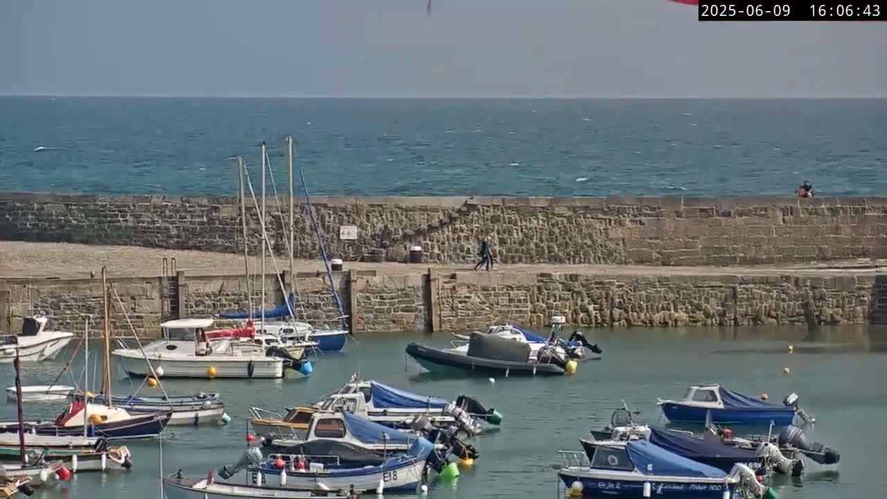 A harbor filled with numerous boats on a sunny day with calm ocean waters beyond a stone wall.