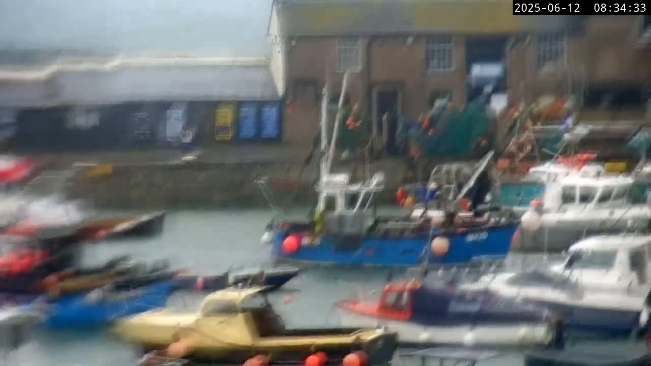 A harbor filled with numerous boats on an overcast day, some tied to a stone dock near buildings.