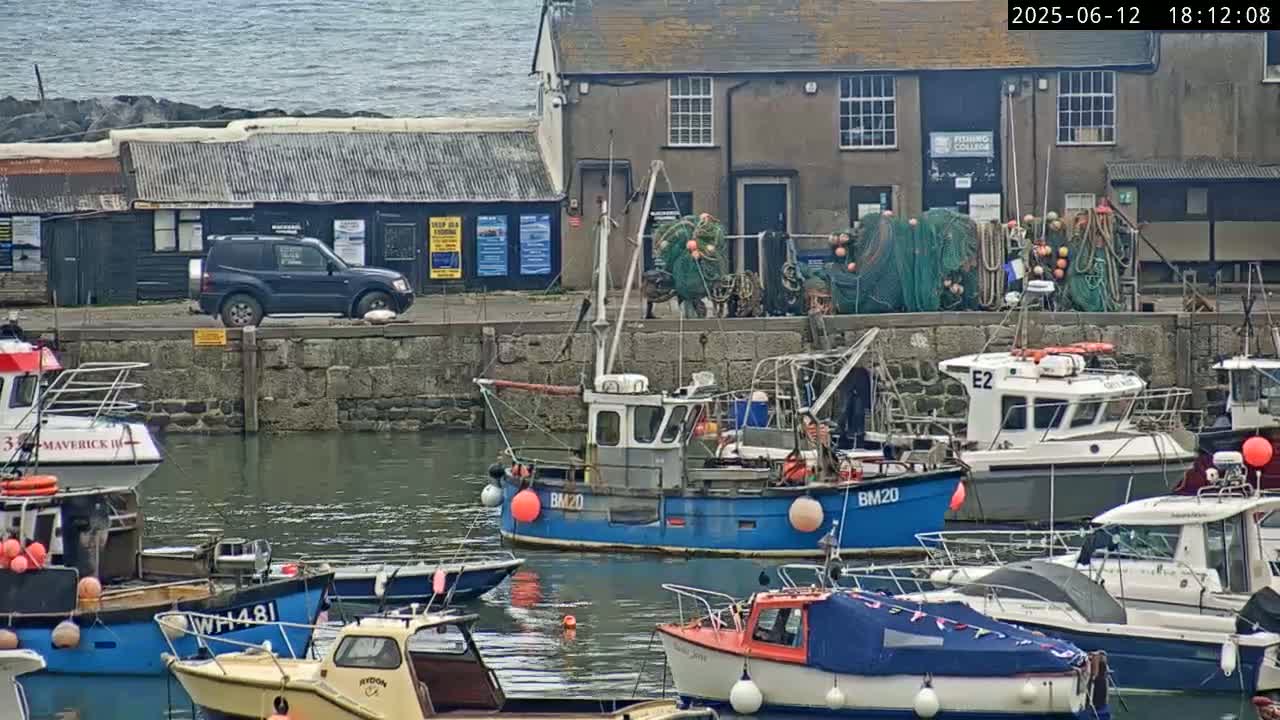 A harbor filled with fishing boats on an overcast day, with a dark-colored SUV parked along the harbor wall behind stacks of fishing nets.