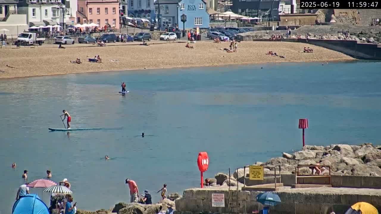 A sunny day at a beach shows people swimming, paddleboarding, sunbathing, and relaxing near the water's edge, with buildings and parked cars visible in the background.