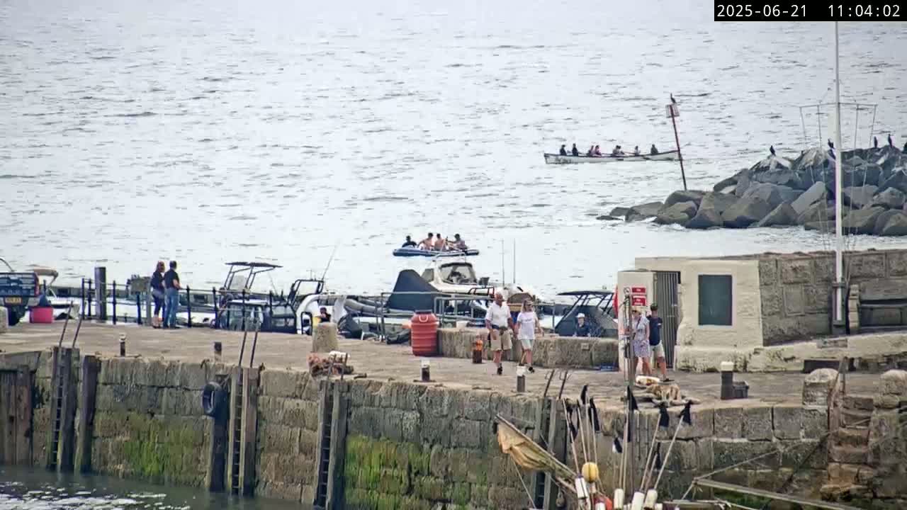 A calm harbor scene shows several small boats and people on a stone pier and in the water.