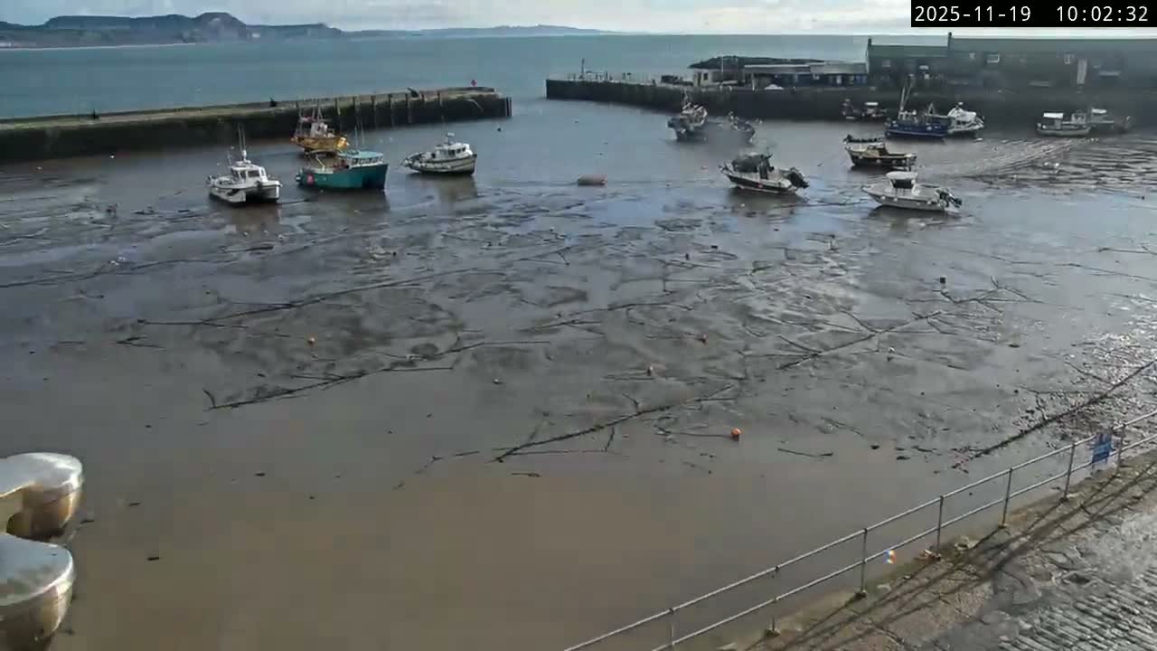 The image depicts a harbor at low tide on a partly cloudy day, revealing extensive mudflats with numerous boats resting aground, surrounded by docks, coastal buildings, and distant hills under a diffused sky.