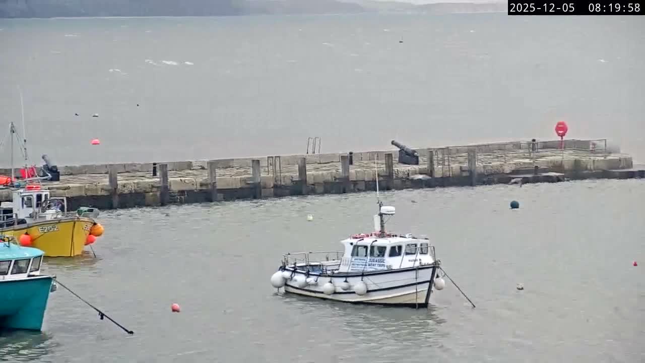 Small boats are moored in a harbor next to a stone pier featuring a cannon, under a grey and overcast sky.