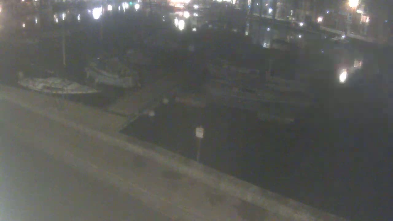 Several boats are moored at a dock at night, under dark, unclear conditions.