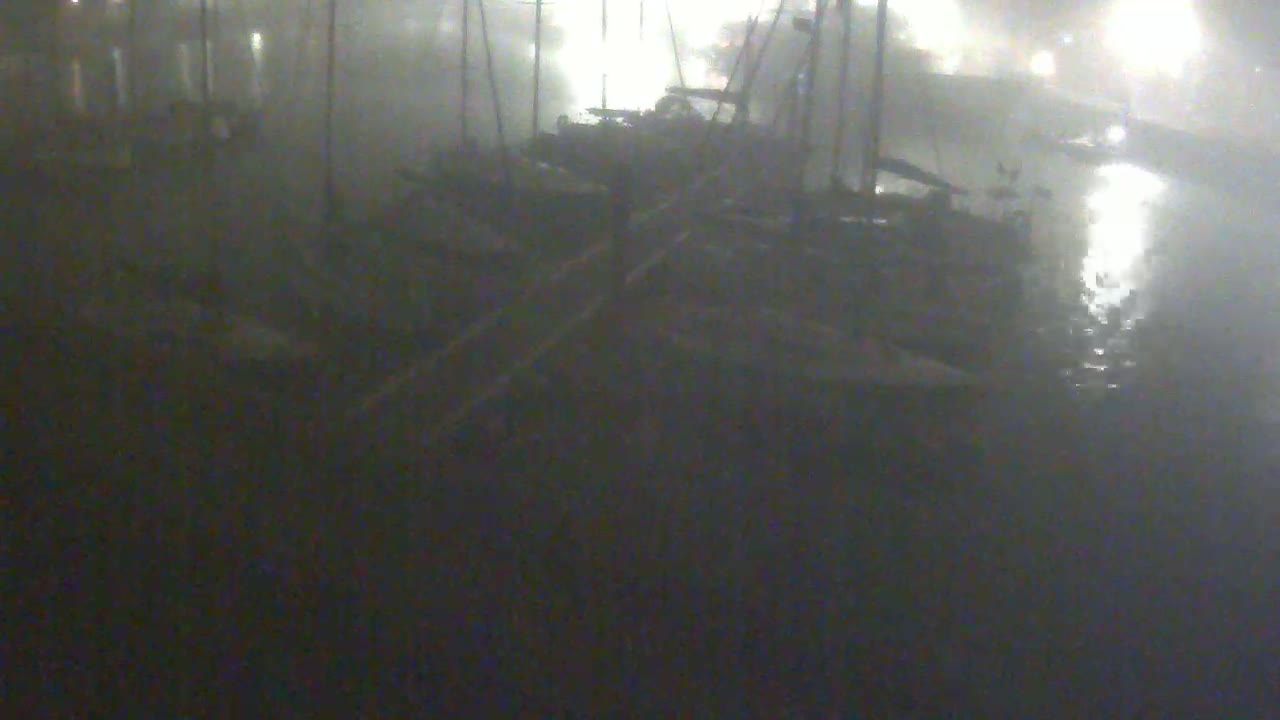 Several boats are moored at a dock in foggy nighttime conditions.