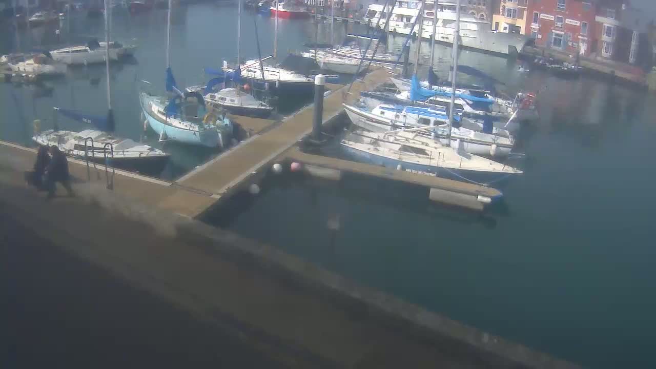 A marina filled with sailboats on a sunny day, with two people walking along a dock.