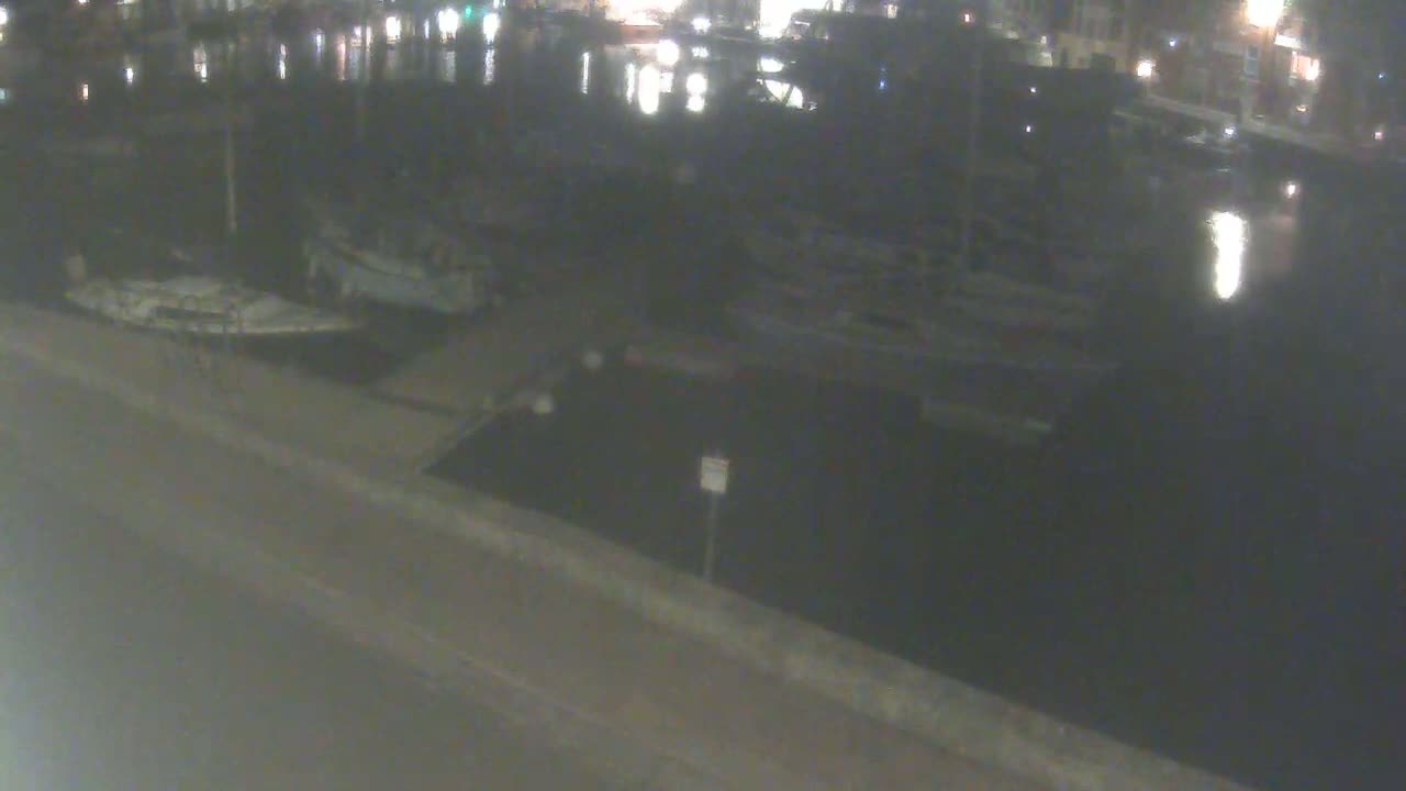 Several boats are moored at a marina at night.