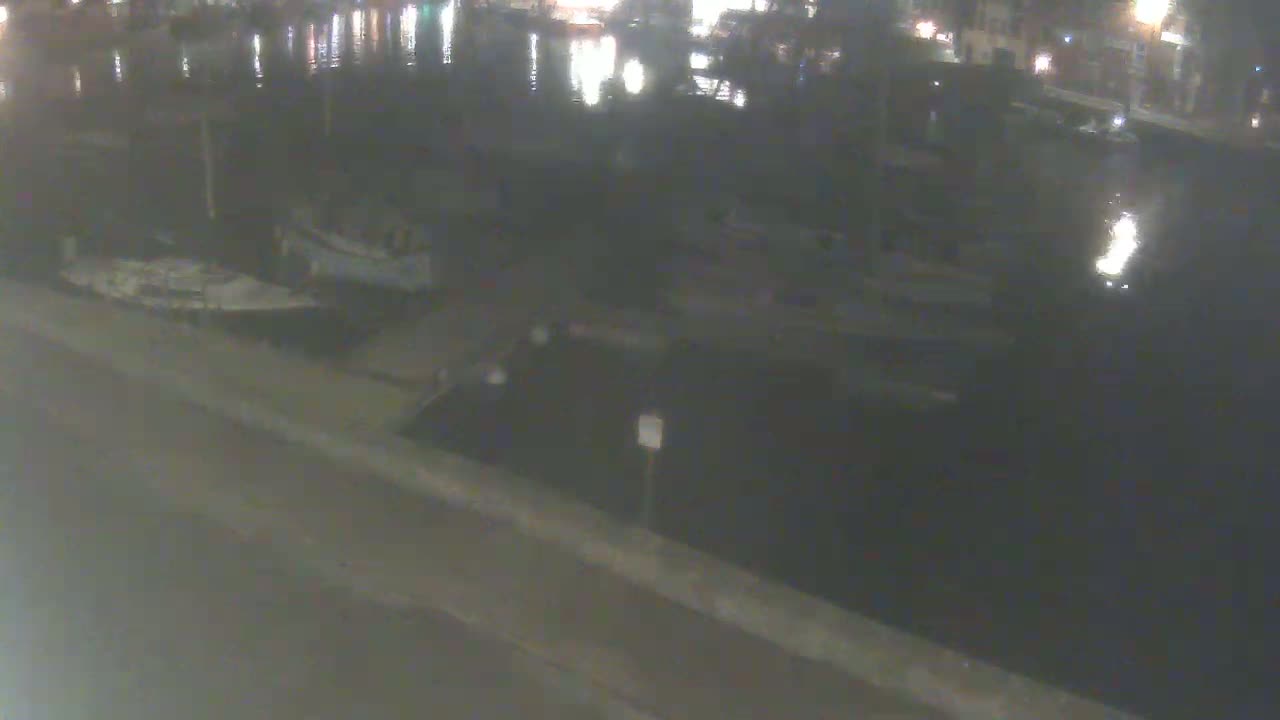 Several boats are moored at a dark, nighttime harbor.