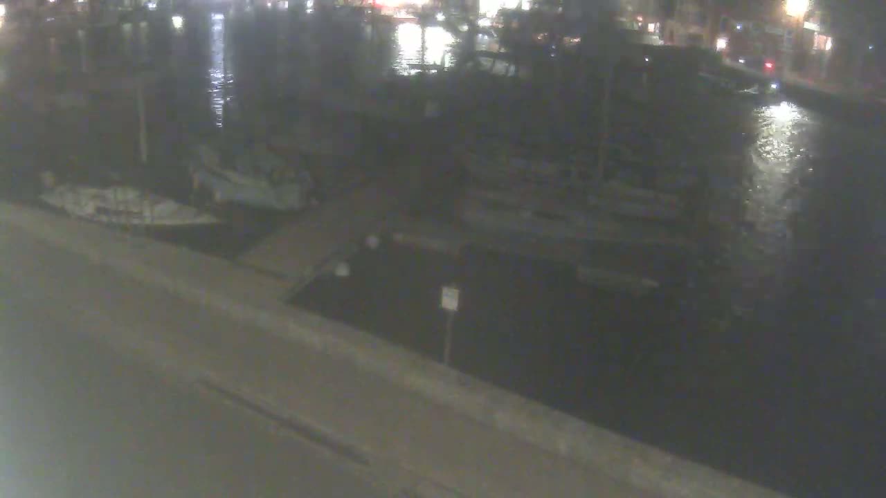 Several boats are moored at a dock at night next to a calm body of water.
