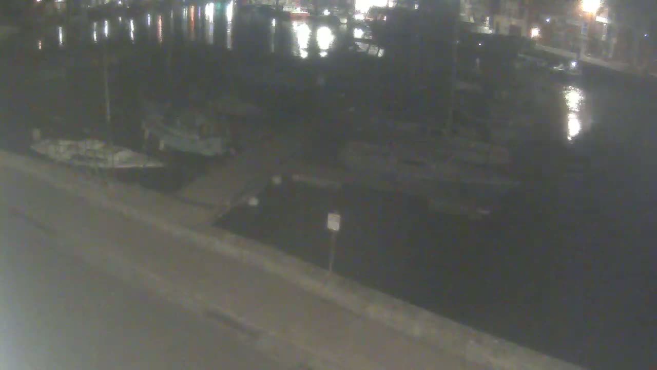 At night, several boats are moored along a dark waterfront next to a paved road.