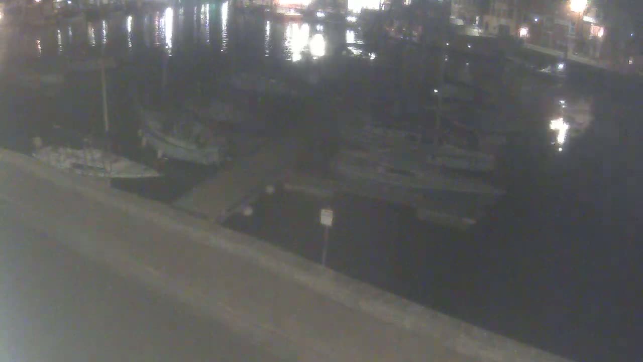 Several boats are moored in a dark, calm body of water at night.