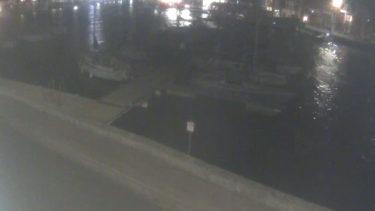 At night, several boats are moored in dark water along a dock next to a roadway.