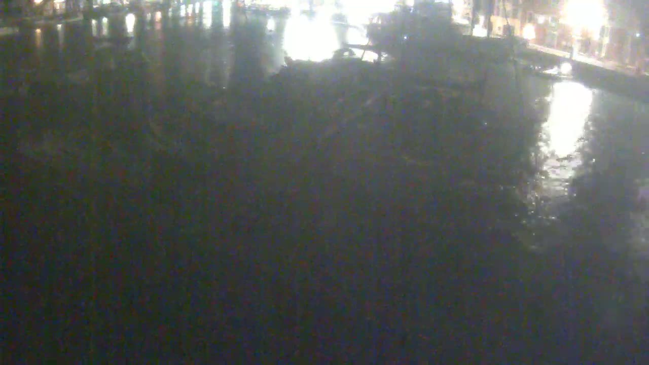A dark, blurry nighttime image shows a body of water reflecting lights from a nearby city.