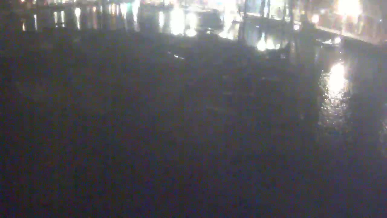 A blurry nighttime image shows a dark body of water reflecting lights from a nearby shoreline.