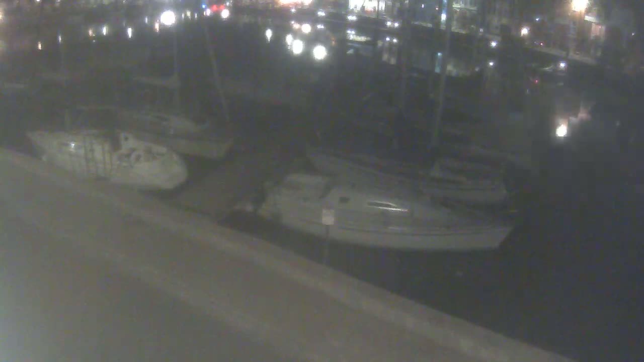 Several small boats are docked at a nighttime marina.