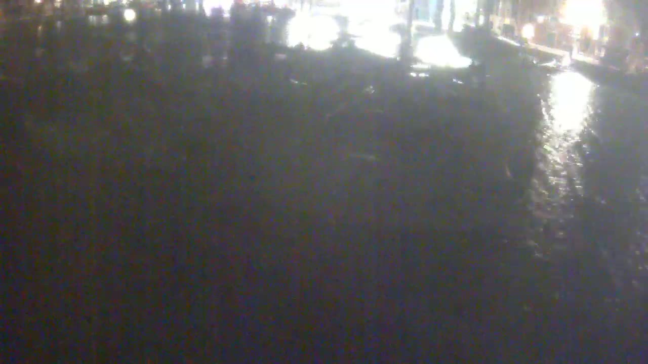 A blurry nighttime image shows a dark body of water reflecting lights from buildings on the far shore, with a large, indistinct mass of people gathered on the near bank.
