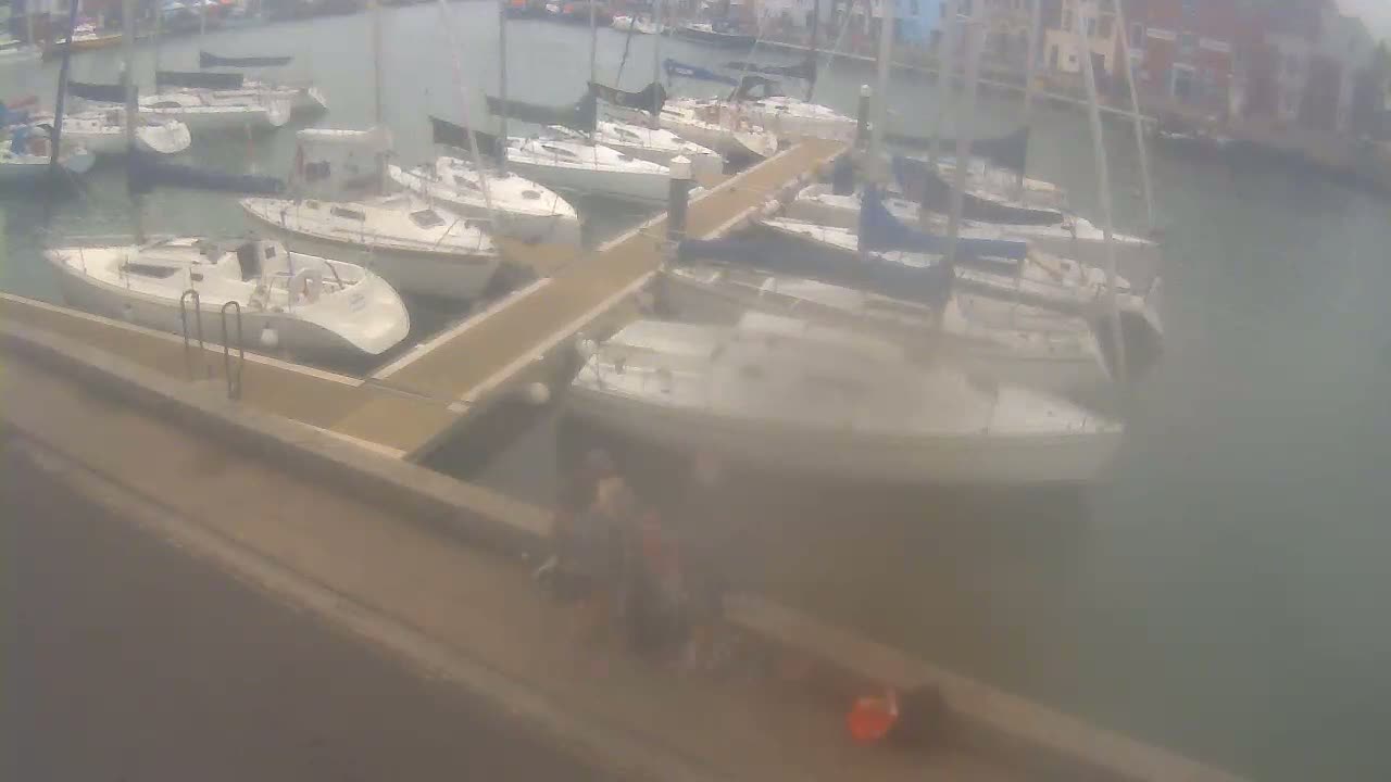 A hazy view of a marina with numerous sailboats docked along a wooden pier, and two people standing on a walkway near the water.
