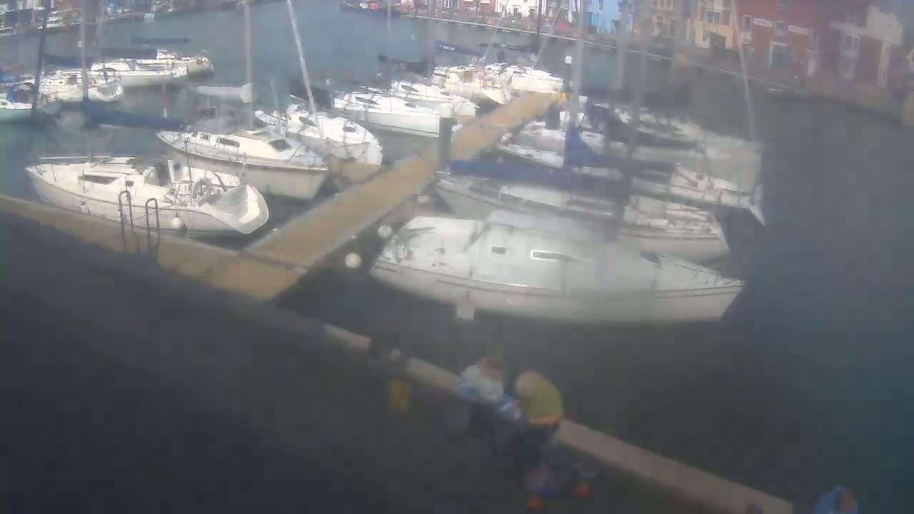 Several sailboats are docked at a marina on a hazy day, with a few people standing near the water's edge.