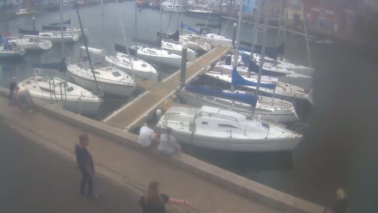 Several sailboats are docked at a marina on an overcast day, with a few people walking near the docks.