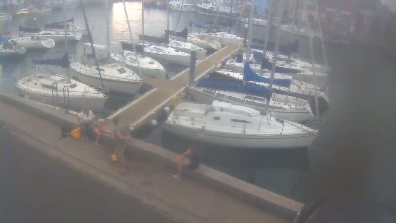 Numerous sailboats are docked at a marina on a calm, overcast day, with several people sitting on a nearby walkway.