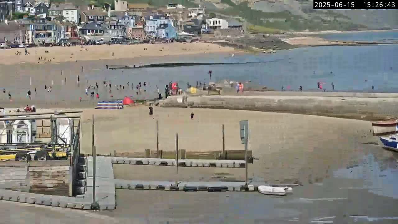 A sandy beach with scattered people, a calm body of water, and a small town visible in the background on a sunny day.