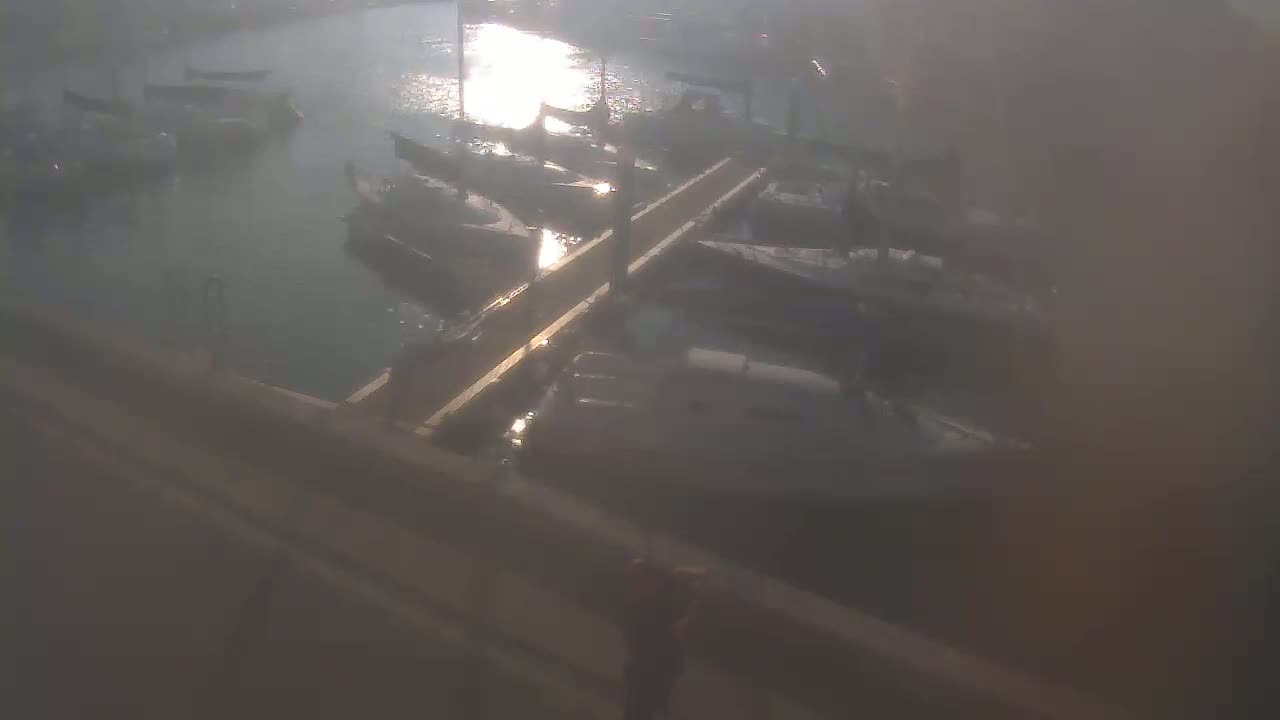 Many boats are docked at a pier on a hazy, sunny day.