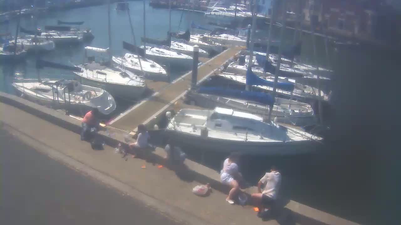 A sunny day at a marina shows numerous sailboats docked, with several people sitting on a wall next to the water.