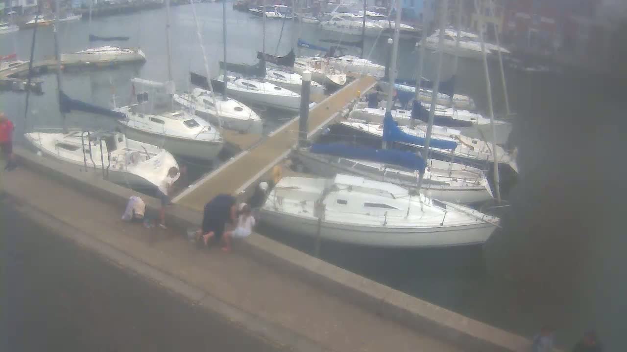 Several sailboats are docked at a marina on an overcast day, with several people standing and walking near the water's edge.