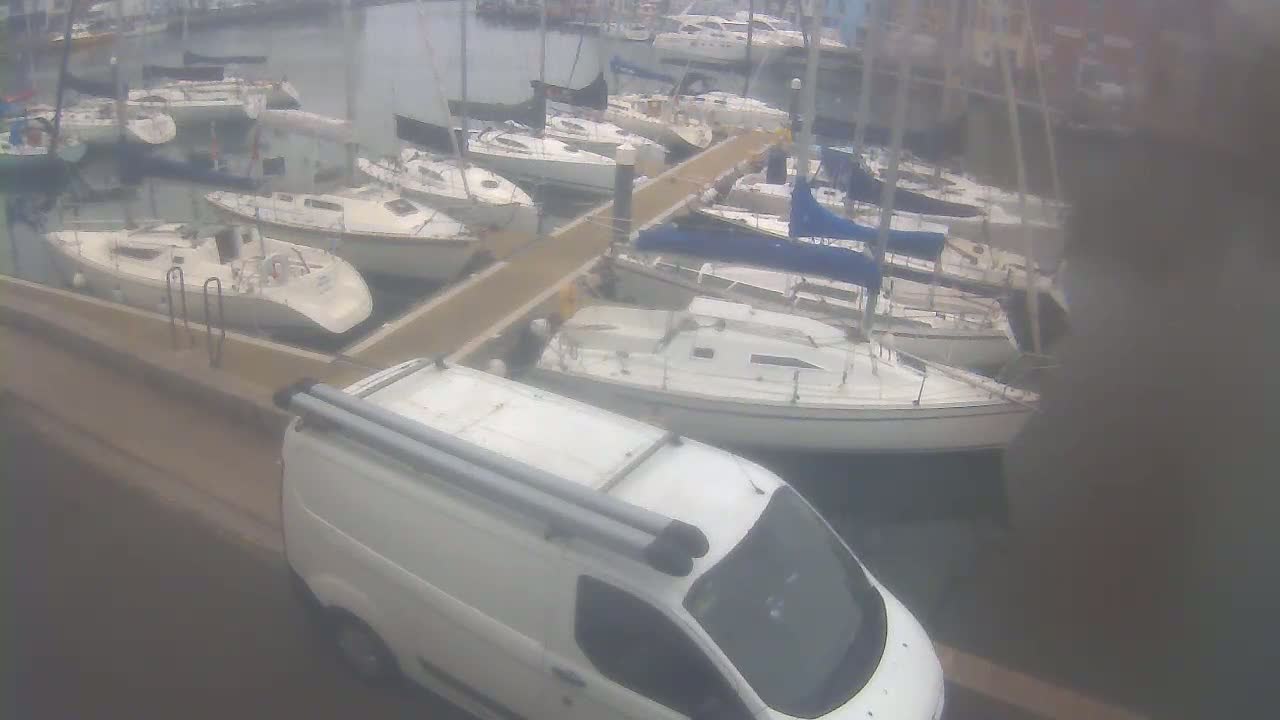 A white van is parked near a marina filled with sailboats on a foggy day.