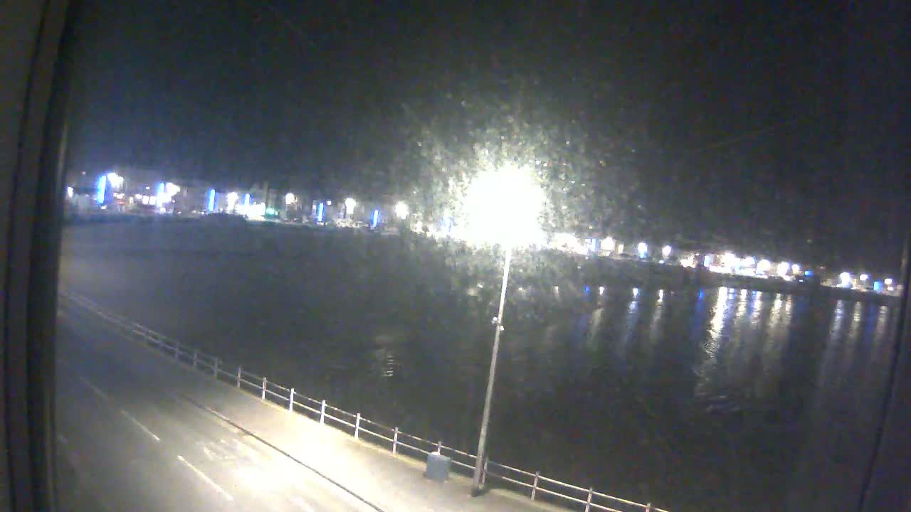 A nighttime view shows a calm body of water reflecting the lights of a distant town across a paved road and a low fence.