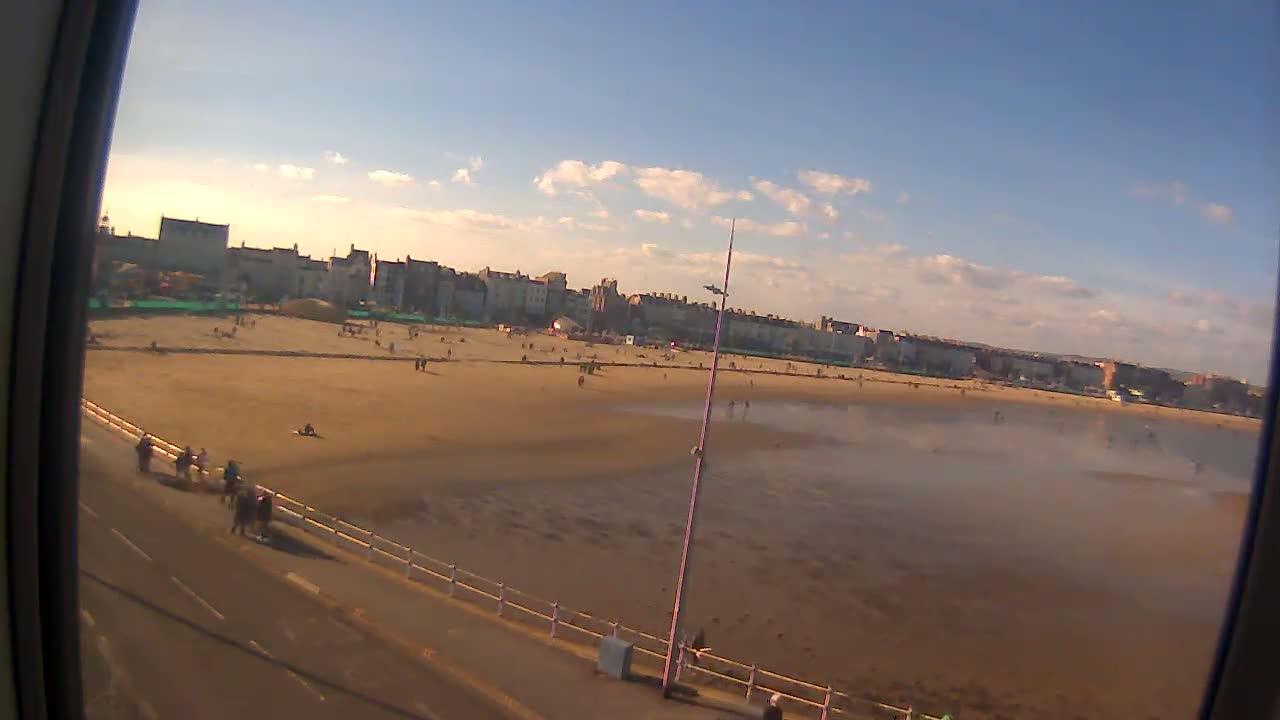 A mostly sunny day shows a sandy beach with scattered people, a calm, shallow body of water, and buildings in the background.