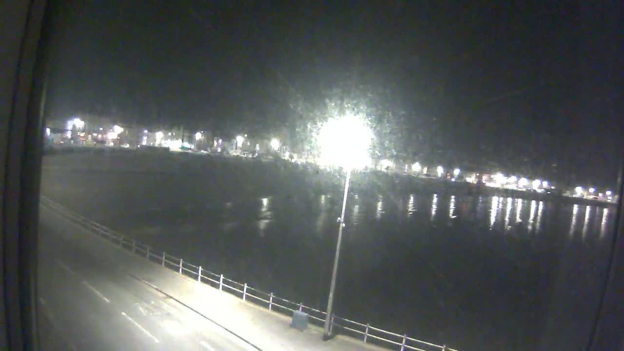 A nighttime view of a calm body of water reflecting lights from a distant shoreline, seen from a slightly elevated vantage point near a road.
